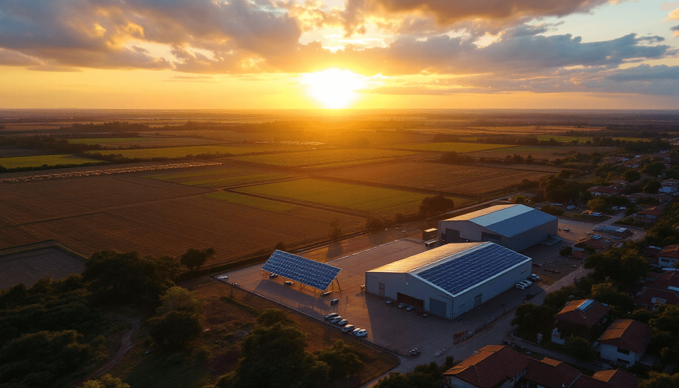 Solar em Tocantins · instalações residenciais, industriais e rurais ao pôr-do-sol no cerrado · Aura Energy