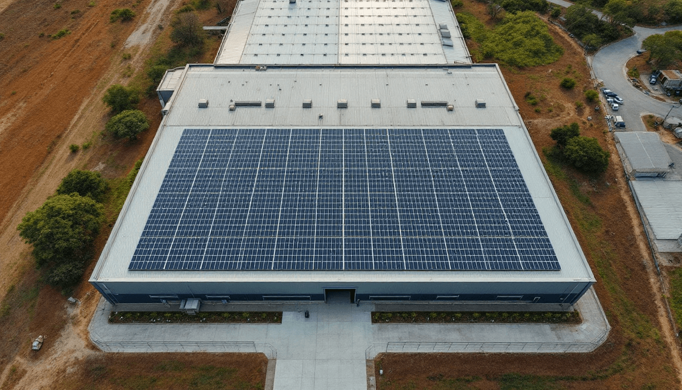 Galpao industrial com array solar fotovoltaico no telhado