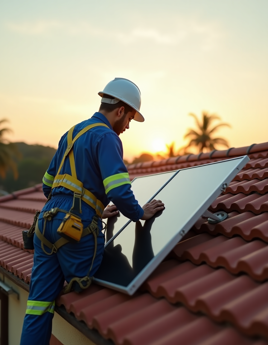 Técnico Aura instalando painel solar em telhado residencial com EPI completo