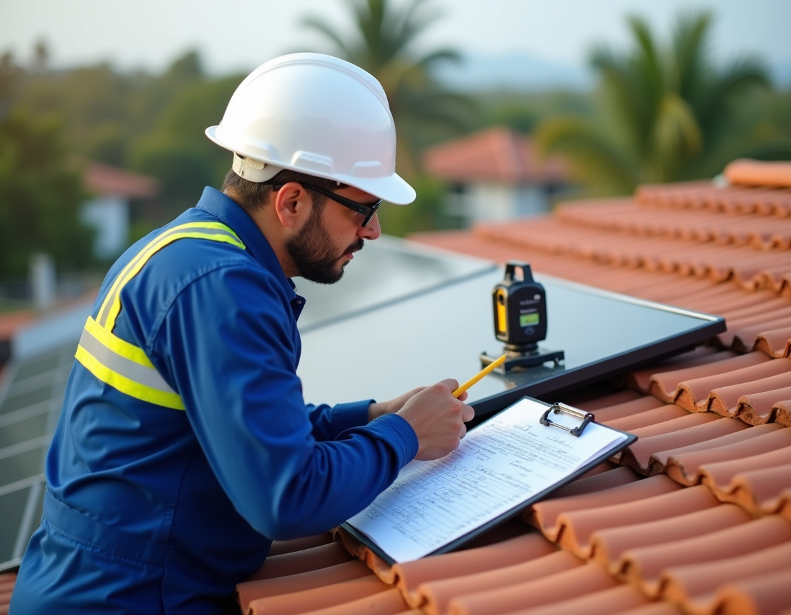 Engenheiro com EPI medindo painel solar em telhado terracota em visita técnica